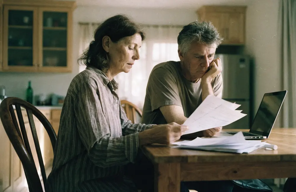 A couple filling in a short form together at their kitchen table